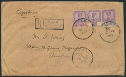 Johor  Johor 1929, Einschreibebrief von "MUAR 21 FE 1929" nach Wien, ...