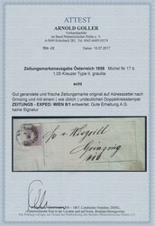 Zeitungsmarke, graulila  (1,05 Kr.) graulila auf Adresszettel mit ...