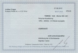 Mi 868-881  1928, Smyrna-Ausstellung: kpl. Satz ungebraucht, Befund ...