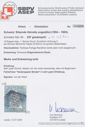 Mi 14 II Azm  1855/57, Strubel: 10 Rp blau, Berner Druck, dünnes ...