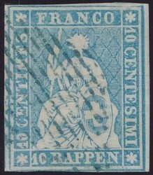 Mi 14 II Bzo  1857 Strubel: 10 Rp grünlichblau, Berner Druck, 2. ...