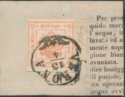 4 Kreuzer  1859, 4 Kreuzer rot auf Zeitungsausschnitt mit Teil des ...