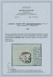 4 Kreuzer  1859, 4 Kreuzer rot auf Zeitungsausschnitt mit Teil des ...