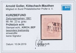23, grau  (1 Kr.) grau, besonders breitrandiges Prachtstück, Befund ...