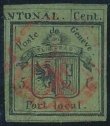 Halbe Doppelgenf  1843, Genf: 5 C schwarz auf gelbgrün, sog. Halbe ...