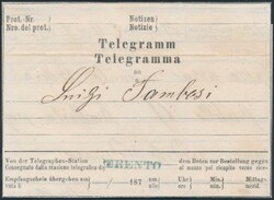 Trient  1875, Telegramm mit schwarzbl. L1 "TRENTO" nach Belluno