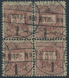 Mi 40 (4)  3 Ft lilarot/golden im Viererblock. Michel 40(4)