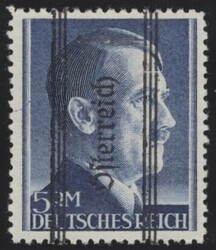 ANK 696 II PF IV  1945, 5 RM, magerer Aufdruck mit Plattenfehler ...
