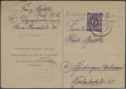 Kiel  1946, 5.8., 6 Pf Postkarte mit wertgleicher Zusatzfrankatur von ...