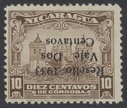 Mi 613 K  Nicaragua: Dos C auf 10 Centavos mit kopfstehendem Aufdruck ...