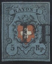Mi 7 I / Zumstein 15 I  1851, 5 Rp blau/rot, RAYON I mit ...