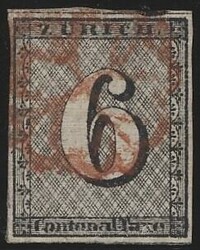 Zürich, Mi 2 II 1843, Zürich: 6 R schwarz mit waagrechten ...