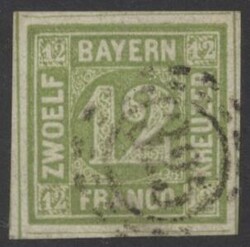 Mi 12  1852, 12 Kreuzer dkl'gelbgrün mit oMR "356", breitrandig mit ...