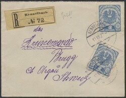 Kennelbach  1920, Rekobrief von Kennelbach in Vorarlberg nach Brugg ...