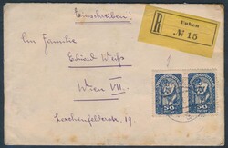 Unken  1920, Einschreibebrief von Unken nach Wien, frankiert mit Paar ...