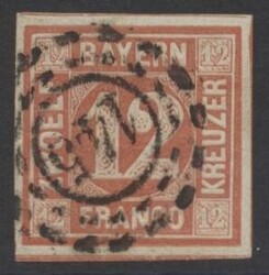 Mi 6  1850, 12 Kreuzer rot, allseits breitrandig mit klarem oMr "145" ...