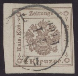 4 Kreuzer1858, Zeitungsstempelmarke 4 Kreuzer braun vom linken ...