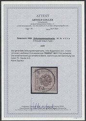 4 Kreuzer1858, Zeitungsstempelmarke 4 Kreuzer braun vom linken ...