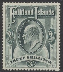 Falkland, Mi 23  Falkland Inseln: 1904, Three Shillings dunkelgrün, ...