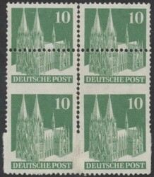 Mi 80 (4)  1948, 10 Pf gelbl'grün im Viererblock, stark verzähnt, ...