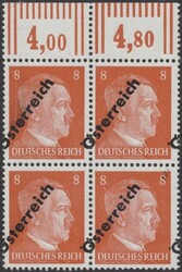 verschobene Aufdrucke  1945, 8 Pf im OR-Viererblock mit verschobenen ...
