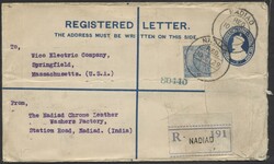 Nadiad  1929, Einschreibe-Umschlag One Anna mit Zusatzfrankatur von ...