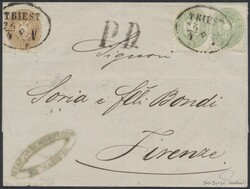 Buntfrankatur  1866, 2 Stück 3 Kreuzer grün + 15 Kreuzer braun je ...