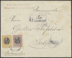 Belgrad-Salzburg  1908, 20+15 Para auf Reko-Brief von Belgrad nach ...