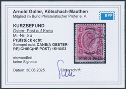 Kreta, 5 a  1903/04, Österr. Post auf Kreta: 1 Franc karminrosa mit ...