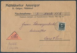 Nachnahmebrief  1919, Nachnahmebrief von Mühldorf 16.6.1919 nach ...