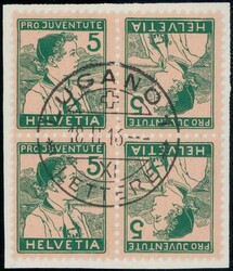5+5c Pro Juventute Paar, Vollstempel LUGANO, Attest Loetscher