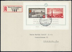 1942, Bundesfeierblock auf sauberem R-Brief von Zürich