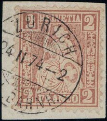 2c rotbraun auf Briefstück von Zürich, Plattenfehler rechts ...