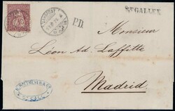 1874, 50c lila auf Bahnpostbrief von St. Gallen nach Madrid