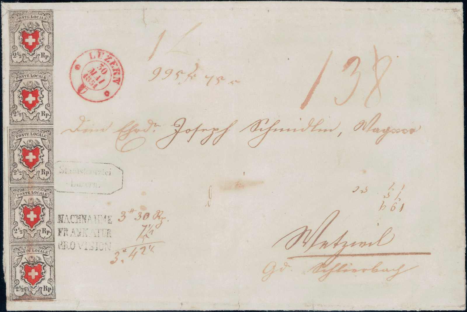 1851, senkrechter 5er-Streifen, Typen 6, 14, 22, 30 + 38, als maximal ...