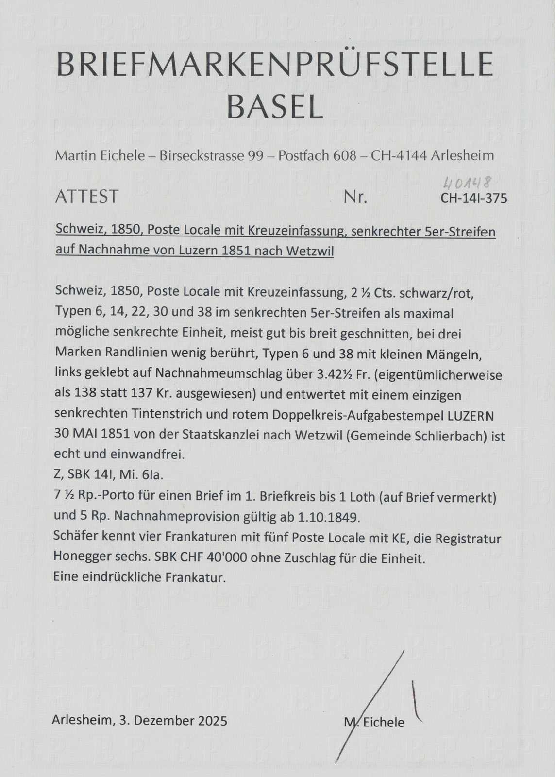 Image 3 for lot number 2547 for 16th Pilatusmail-Auktion