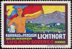 Lugano Kurhaus Lichthort 1912, Vignette + Postkarte mit violettem ...