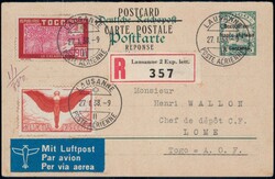 1938, R-Karte von Lausanne mit Togo-Marke nach LomeAutomatically ...