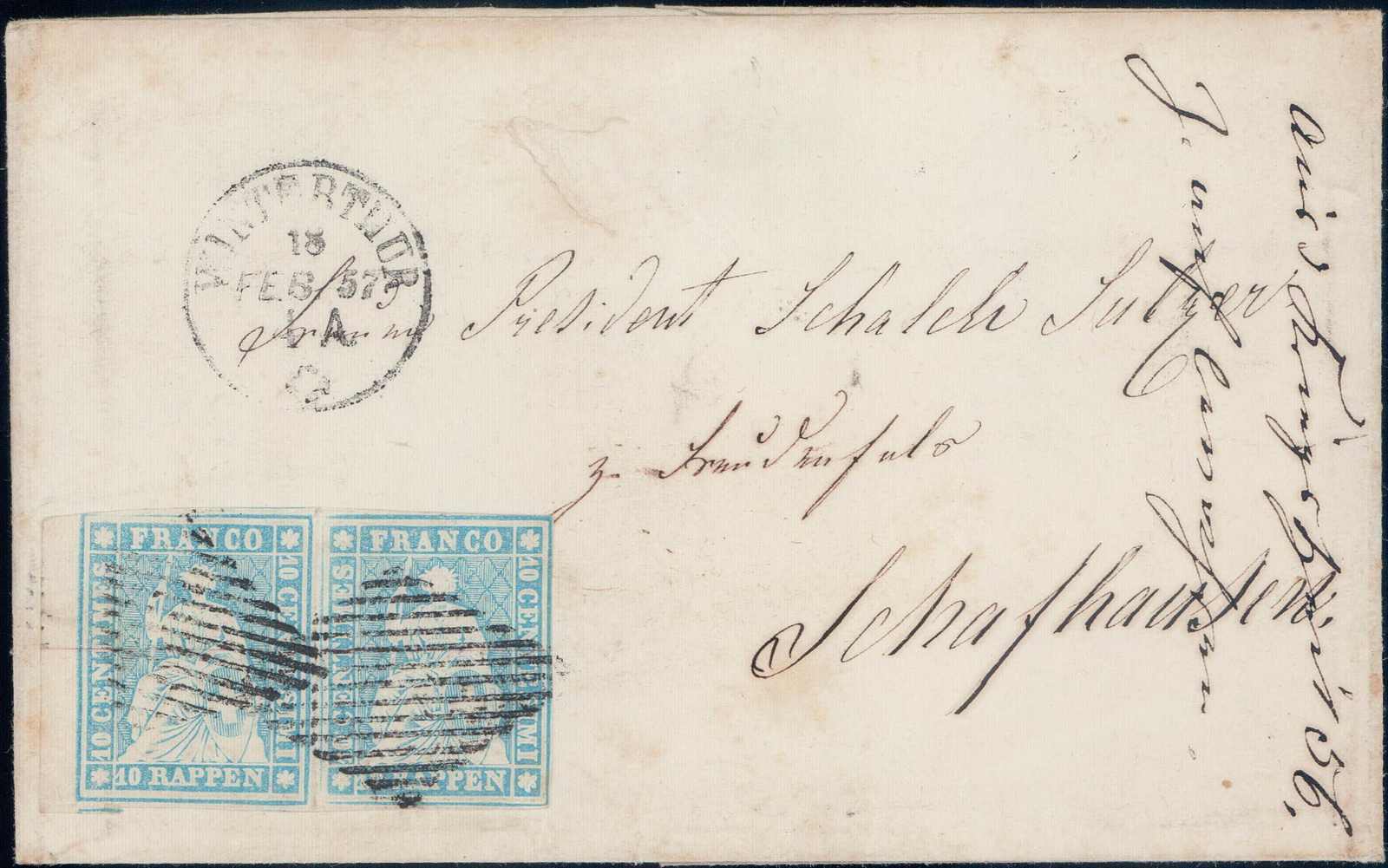 1857, 10Rp hellgrünlichblau, farbfrisches Paar, allseits voll- bis ...