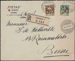 1919, 50c Flügelradaufdruck + 30c IKW auf R-Brief von Lausanne nach ...