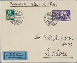 1930, BALAIR-Erstflug Basel-Le Havre, rückseitiger AK-Stempel vom 10 ...