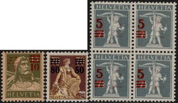 1921, 5 Werte + 2 Viererblocks mit Aufdruckabarten wie Abklatschen, ...
