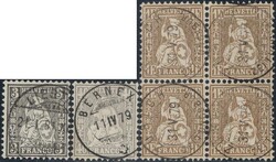 Sitzende Helvetia, 7 Werte + 1Fr golden im Viererblock (sauber gest. ...