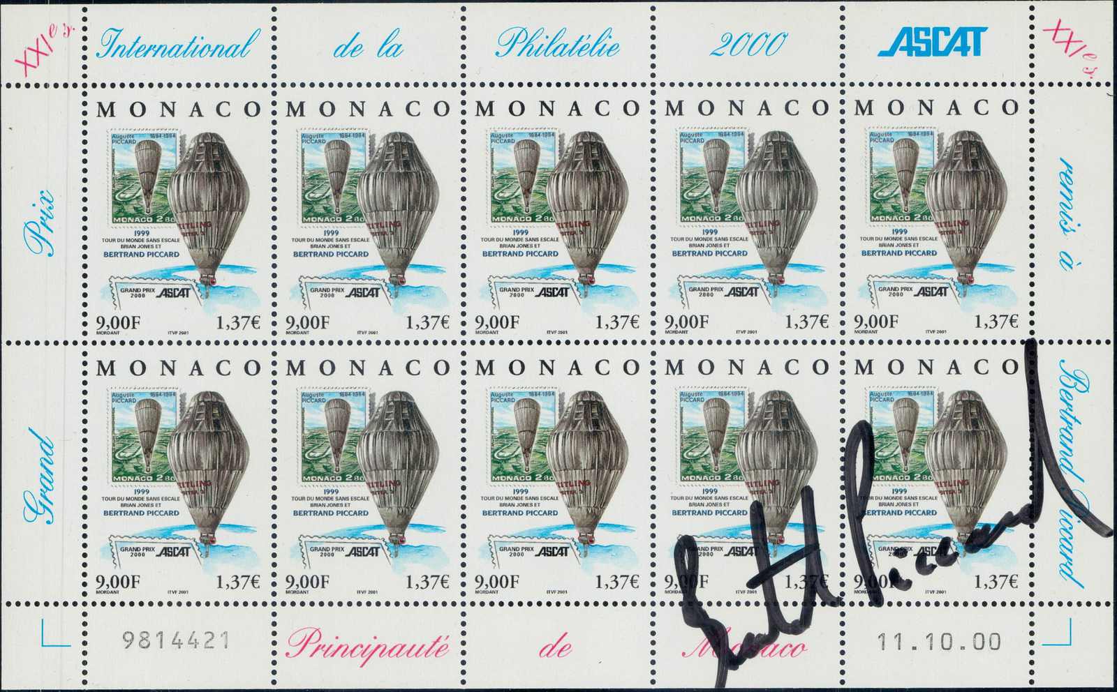 Monaco 2001, Fr. 2.00 Ballon B&gt;reitling, Bogen und FDC je mit ...