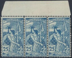 25c blau, Dreierstreifen der Positionen 6-8, Pos. 7 Plattenfehler: ...