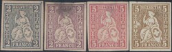 Sitzende Helvetia, Lot von 4 ungezähnten Probedrucken, teils dünne ...