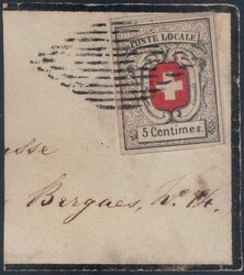 Neuenburg 5c schwarz/rot auf Briefstück mit Eidg. Raute, farbfrisch, ...