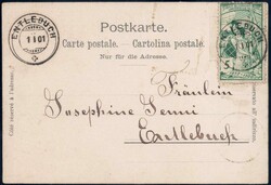 1900, 5c grün auf Karte "Bassgeige", unübliche Verwendung als ...