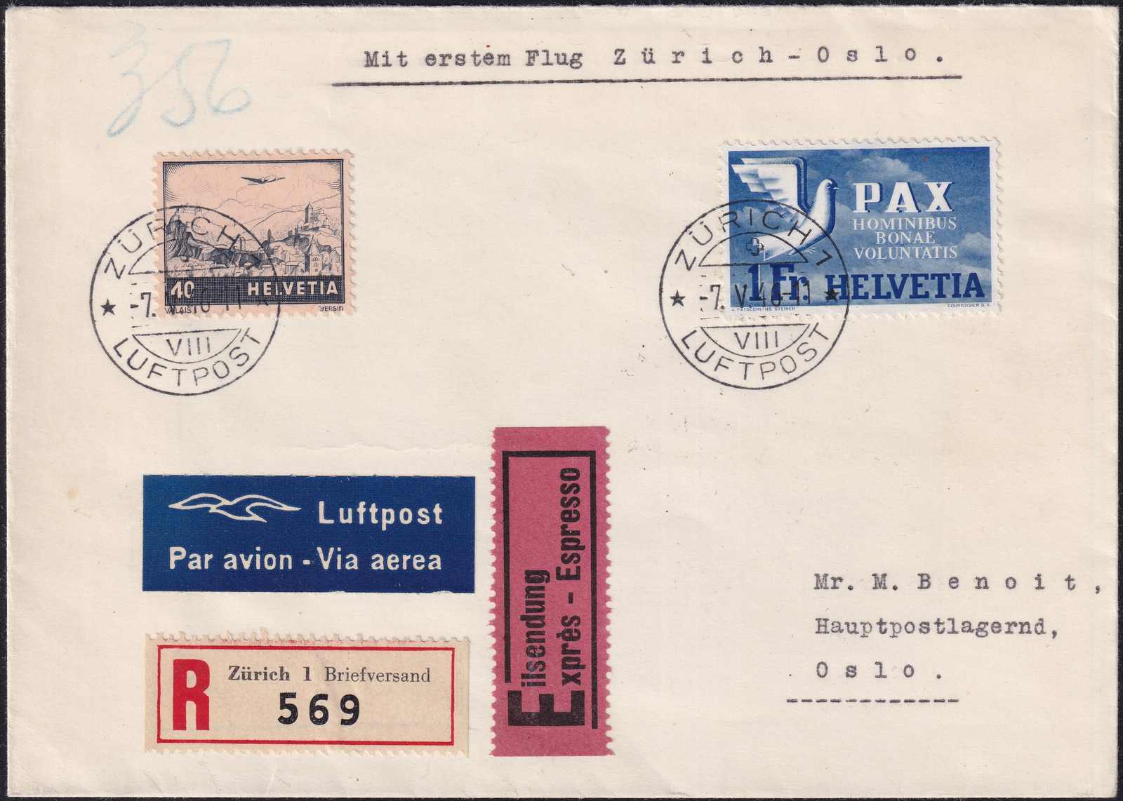 1946, Brief vom Erstflug Zürich-Oslo, gute Frankatur, rückseitiger ...