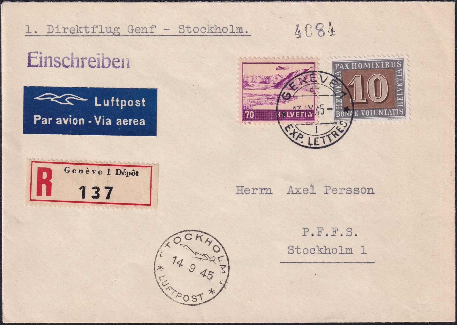 1945, Brief vom Erstflug Genf-Stockholm, SLH 600.-Automatically ...